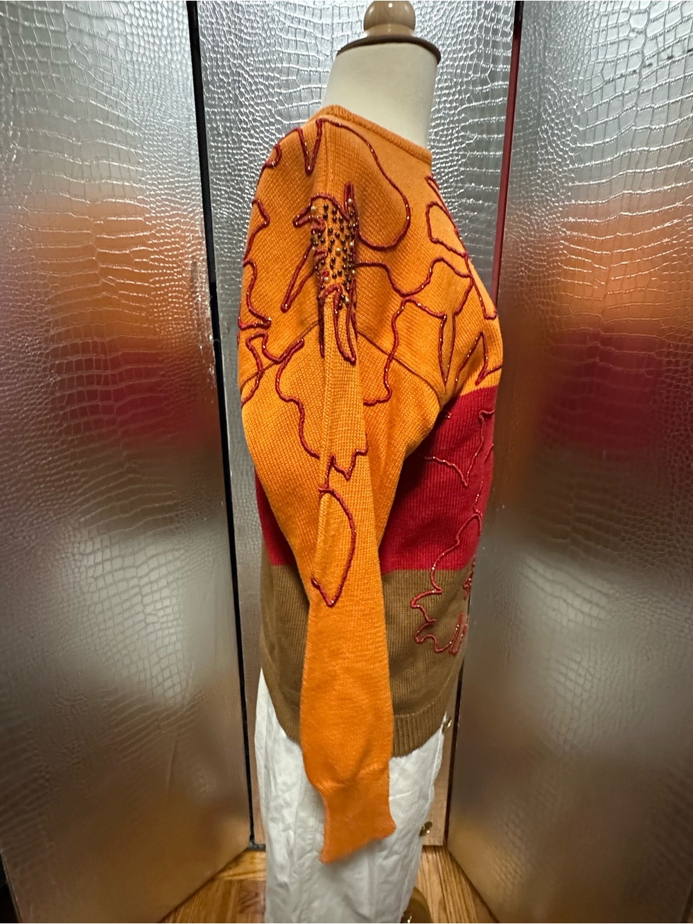Escada Vintage Orange, Red & Brown Floral Embroidered Beaded Crewneck Sweater - Picture 3 of 12